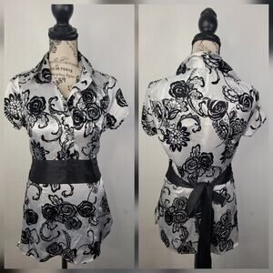 Charlotte Russe Silk Babydoll Top SZ S Puff Sleeves Tie Back Floral VTG Y2K